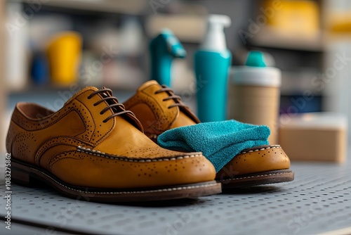 Leather shoes being cared for with a cloth and shoe care products in a workshop environment during the day. Generative AI photo