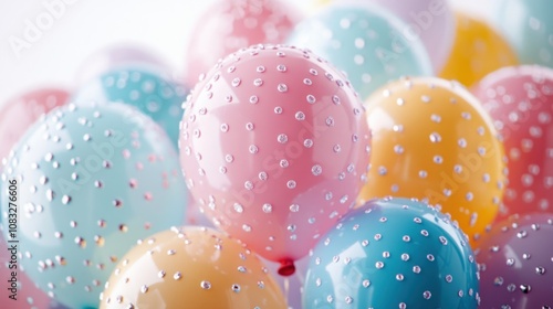 Close up of pastel-colored balloons with white polka dots. photo