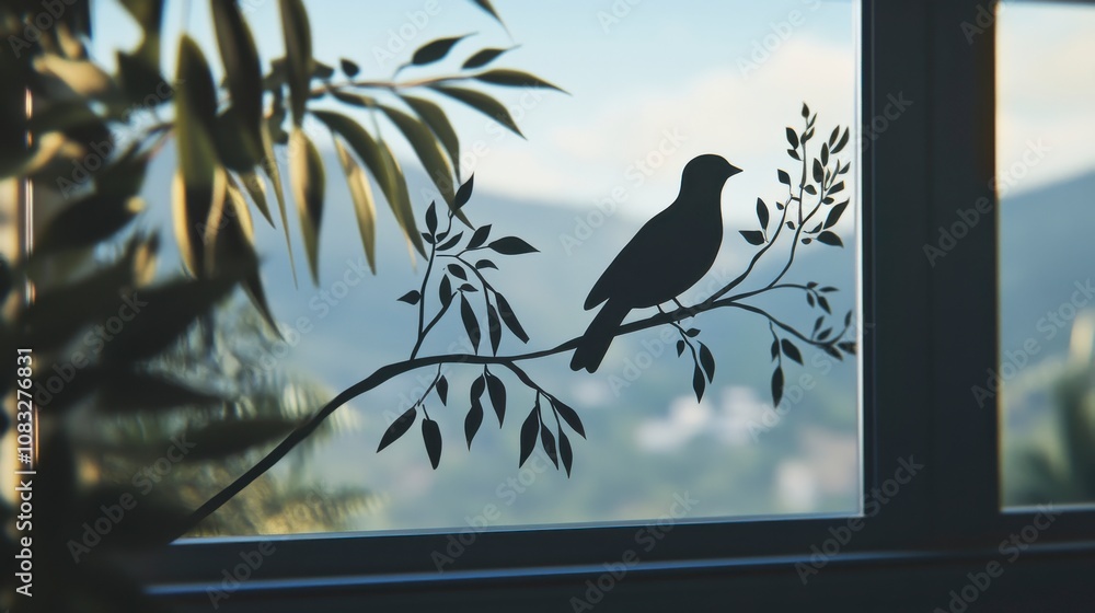 Fototapeta premium Bird Silhouette Perched on Branch in Kitchen Window