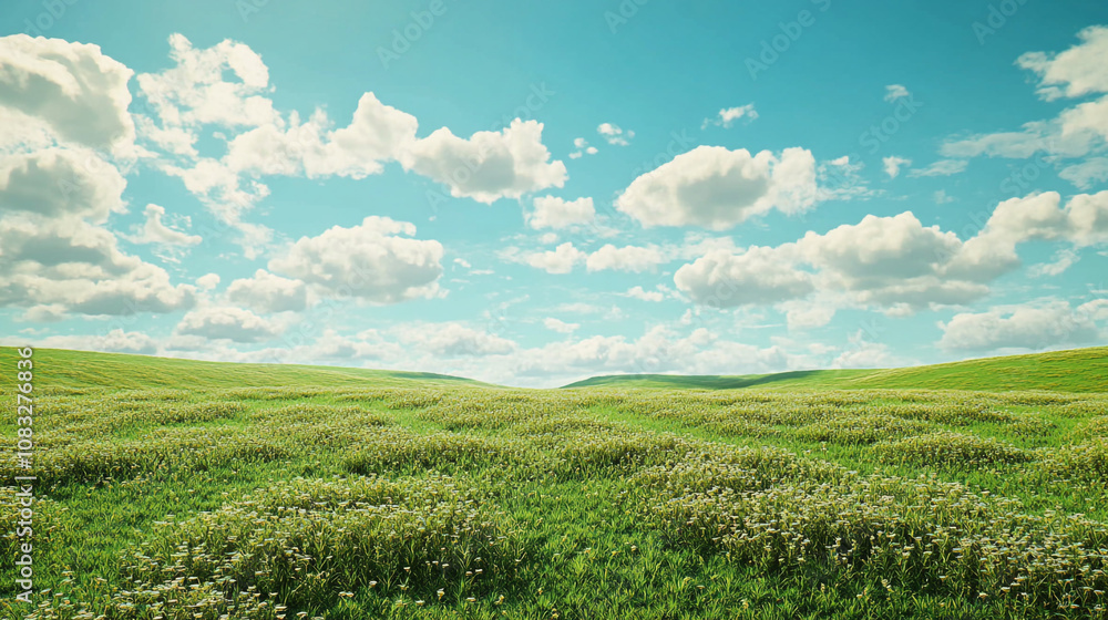 Obraz premium Lush green meadow under a bright blue sky filled with fluffy clouds on a sunny day