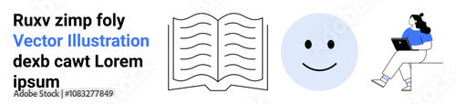 Text block, open book, happy face, person using laptop. Ideal for educational, online learning, self-study, digital content, work-from-home, online communication. Landing page