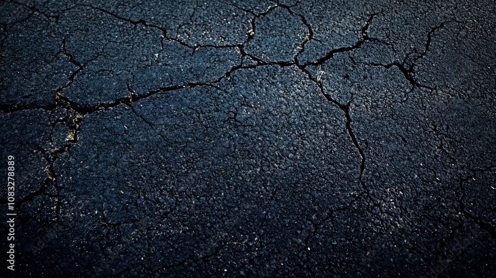 Obraz premium Close-up of dark asphalt road with hints of deep indigo undertones, capturing rough texture and small cracks in seamless tarmac background