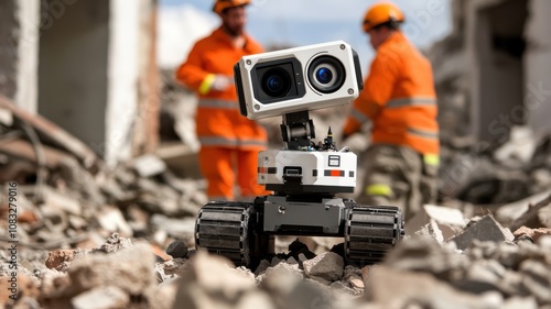 Rescue robot exploring a disaster zone with workers nearby. photo