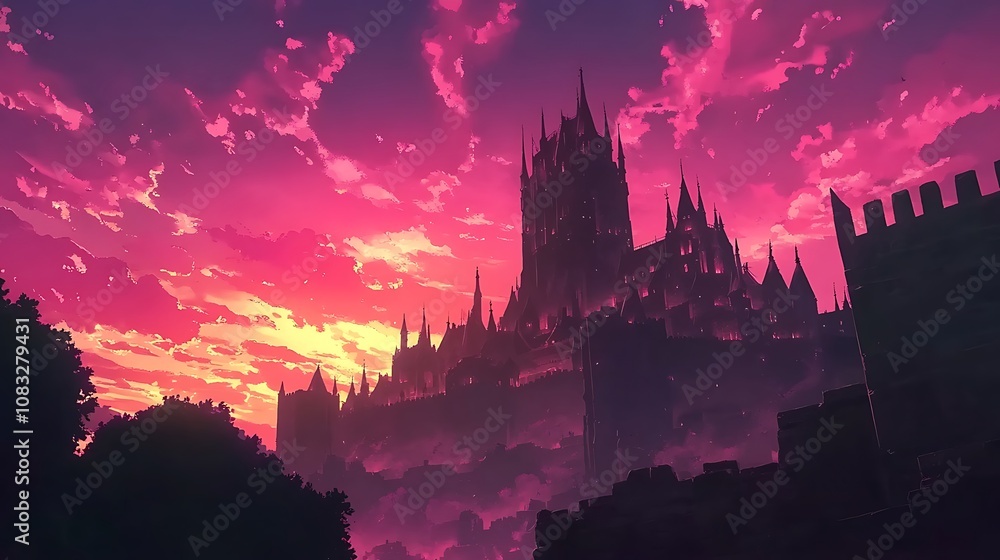 Naklejka premium A dramatic sunset illuminates a towering castle silhouette against vibrant clouds.
