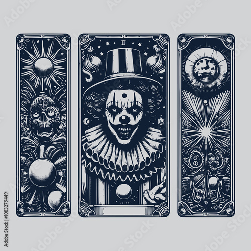 creepy clown tarot card illustration