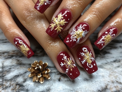 Burgundy and Gold Snowflake Nail Art Design. photo