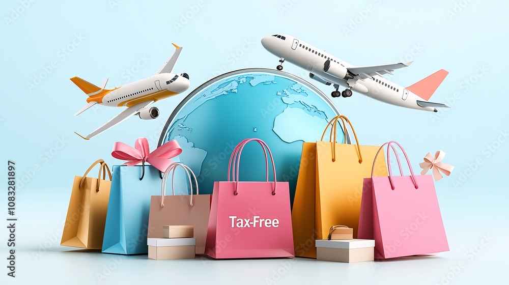 Tax free concept.The image depicts colorful shopping bags around a globe, with planes flying above, symbolizing international travel and tax-free shopping.