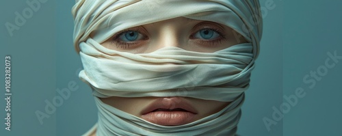 Intriguing Portrait with Wrapped Face and Blue Eyes