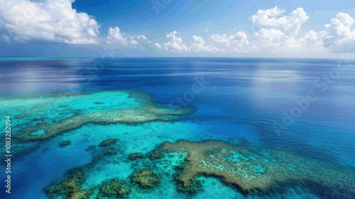 Fototapeta Naklejka Na Ścianę i Meble -  A serene aerial perspective of the Great Barrier Reef, Australia, showcasing its vibrant coral formations and turquoise waters