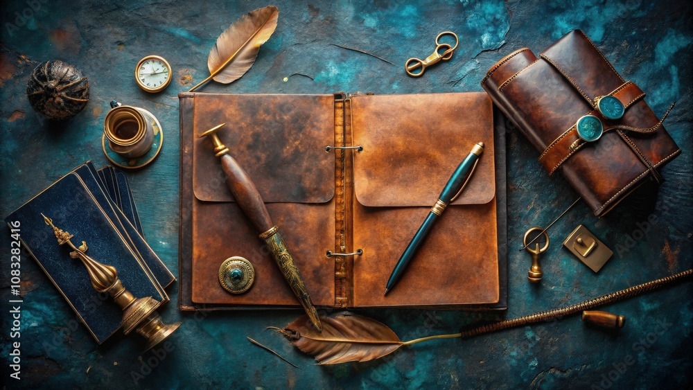Naklejka premium A Vintage Leather Bound Journal with an Ornate Pen, a Pocket Watch, and Other Antique Objects on a Rustic Blue Surface