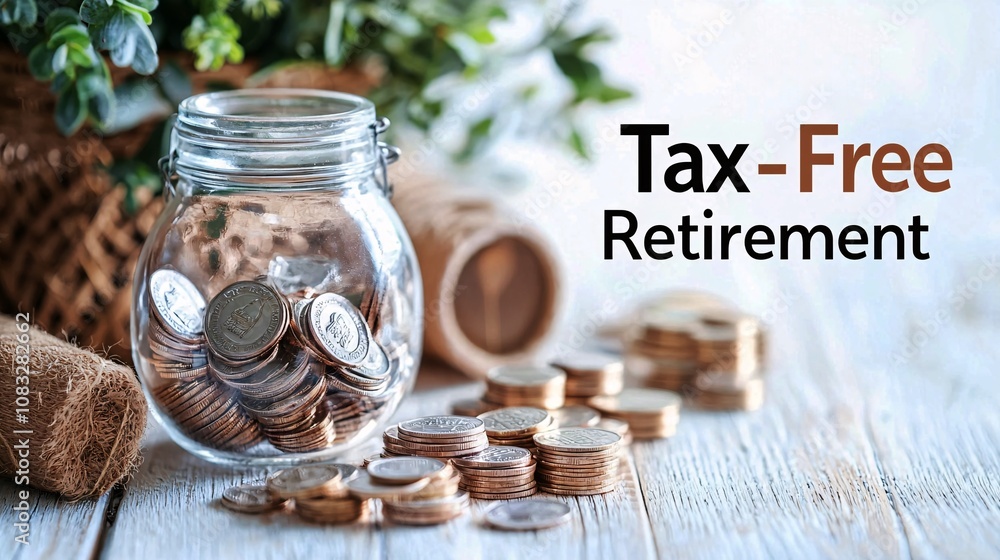 Tax free concept.A glass jar filled with coins symbolizes savings and financial planning for a tax-free retirement.