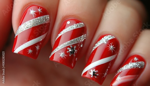 Festive Red and Silver Nail Art Design for the Holidays. photo