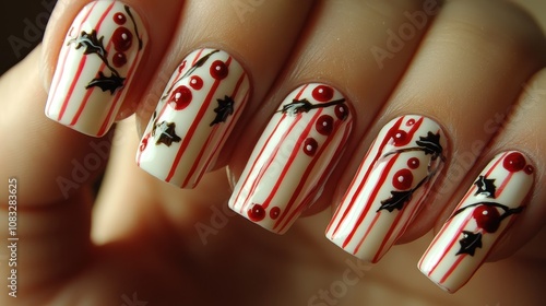 Elegant Holiday Nail Art: Red and White Striped Nails with Holly Berry Design. photo