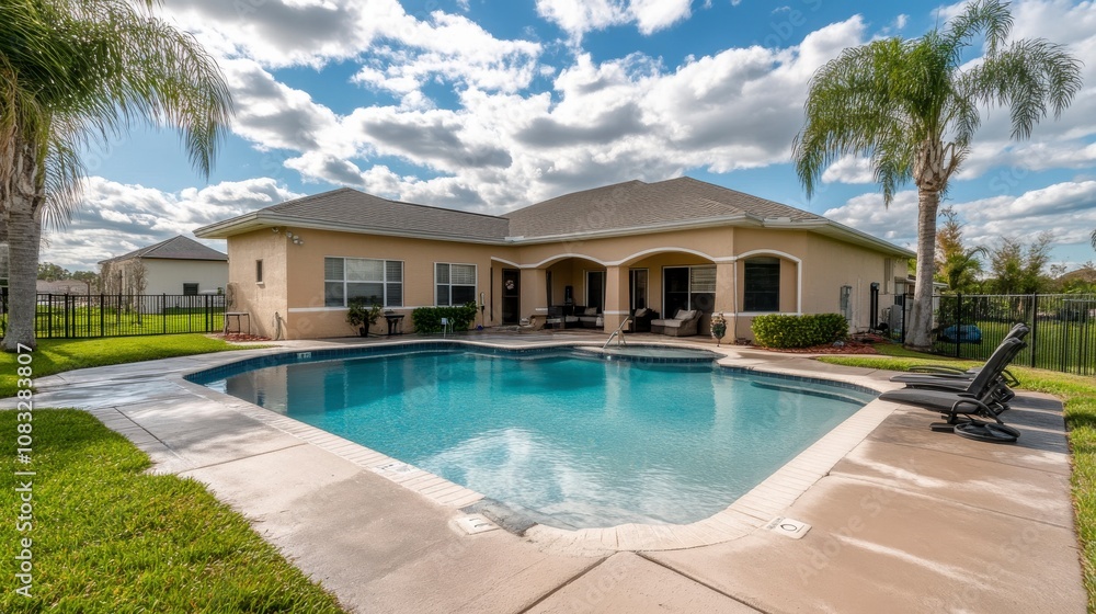 Fototapeta premium Luxurious Suburban Home with Swimming Pool and Patio