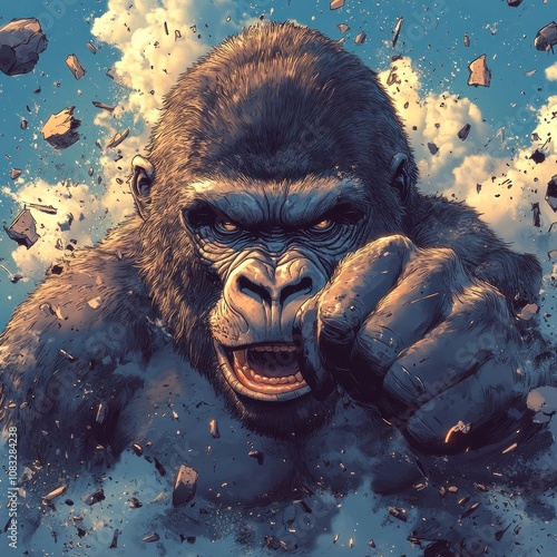 A powerful gorilla with a fierce expression,  a clenched fist, and a  background of clouds and breaking stone.