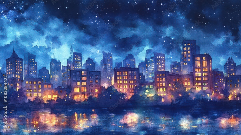 Obraz premium A watercolor nightscape of a city skyline under a velvety night sky, with glowing windows and shimmering reflections on the river below, creating a cozy and romantic ambiance