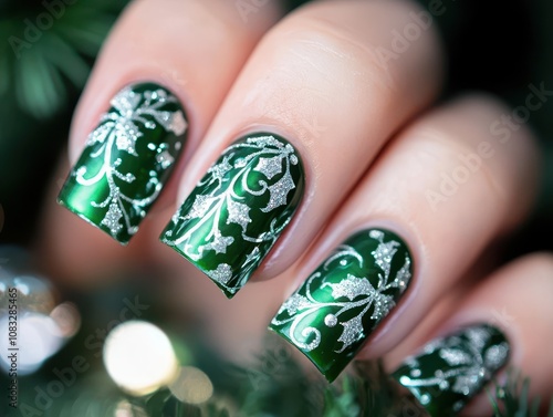 Elegant Green and Silver Nail Art Design for Christmas. photo