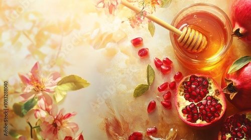 Rosh hashanah jewish new year holiday background featuring pomegranate and honey, traditional foods for celebration and a symbol of sweet beginnings photo