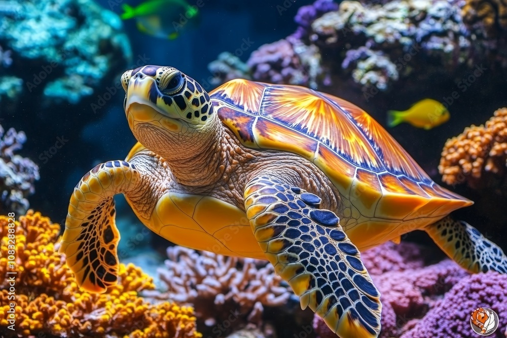 Fototapeta premium Tropical underwater photograph of a sea turtle swimming among multicolored coral formations featuring bright hues natural lighting and diverse marine life
