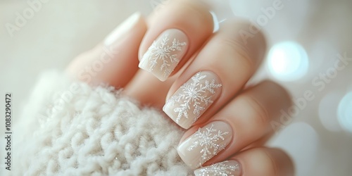 Elegant Winter Nail Art: Snowflake Design on Beige Nails. photo