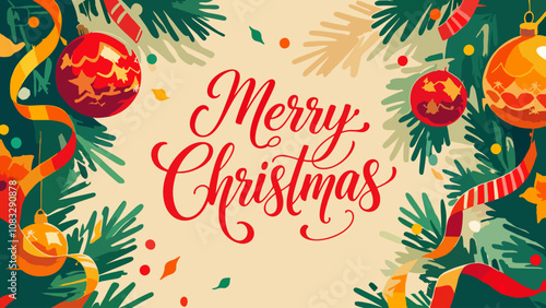 Christmas poster vector with christmas tree decorations and knickknacks, classic design