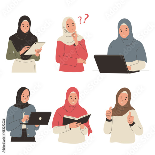 Vector set of muslim girl activities wearing hijab. hijab woman holding tablet, hijab woman working with laptop, hijab woman reading book. Flat vector illustration isolated on white background