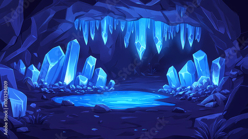 Illuminated cave with crystal formations and a pool of water. Subterranean. Illustration photo