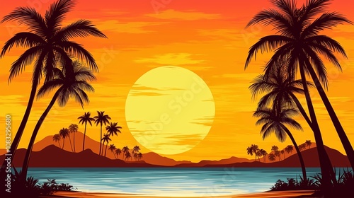 南国の夕方と夕日