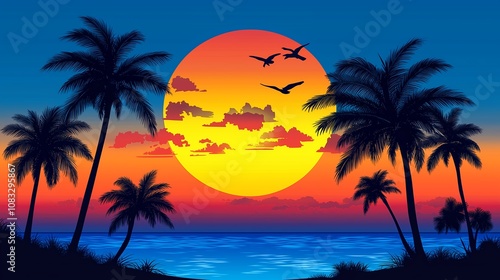 南国の夕方と夕日