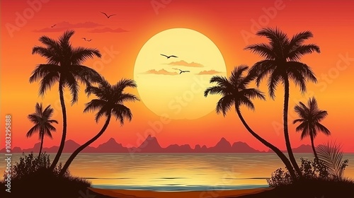 南国の夕方と夕日