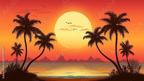 南国の夕方と夕日