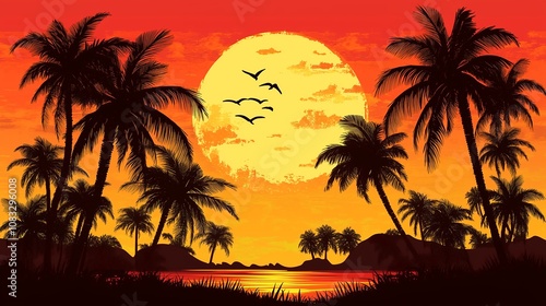 南国の夕方と夕日