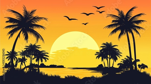 南国の夕方と夕日