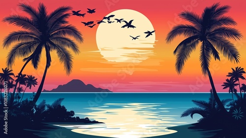 南国の夕方と夕日