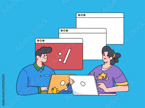 Programming teaching development flat character vector concept operation hand drawn illustration
