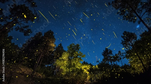 A surreal image of the bioluminescent fireflies illuminating the forests of Nanacamilpa, Mexico, under the starry night sky photo