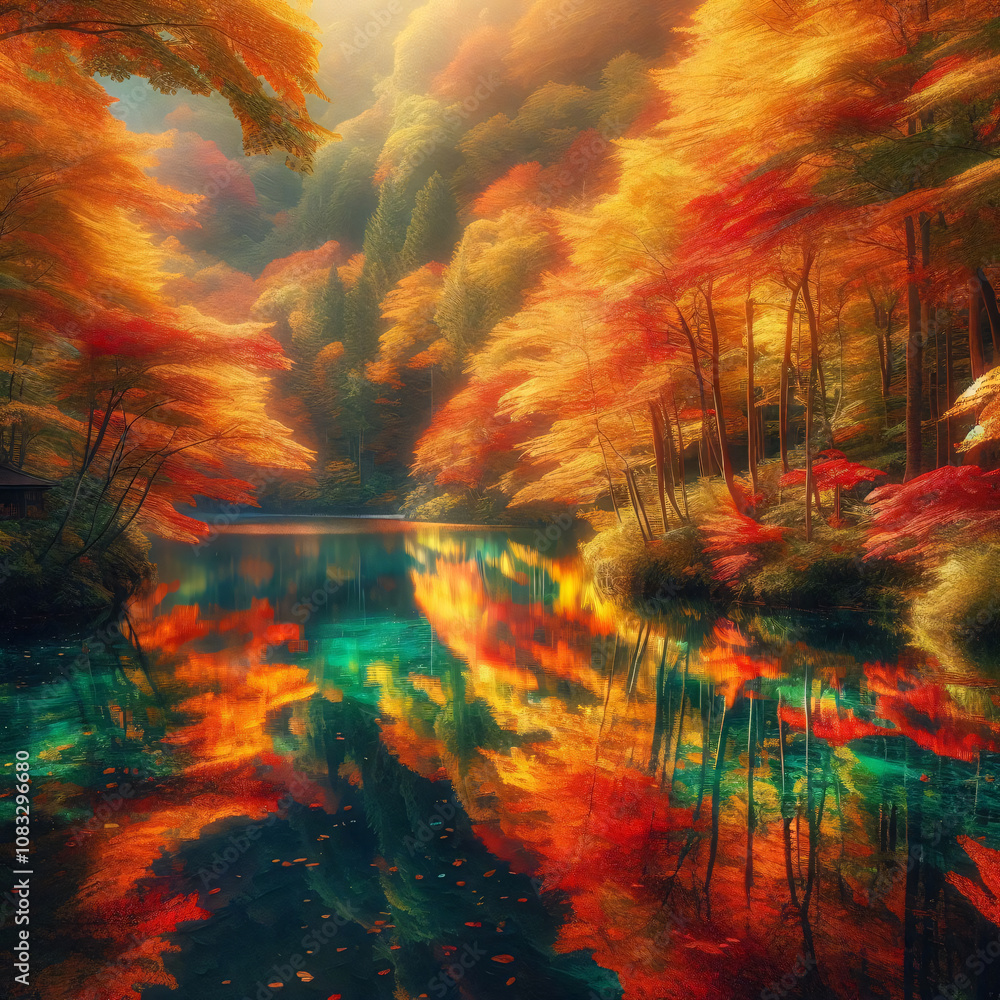 Fototapeta premium A serene autumnal landscape with a lake reflecting vibrant fall foliage