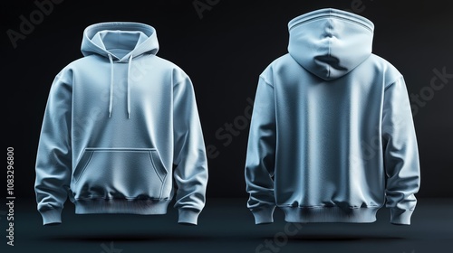 3D rendering of a blank baby blue hoodie with a hood, displayed from both front and back views on a dark black background, perfect for showcasing custom print branding designs photo