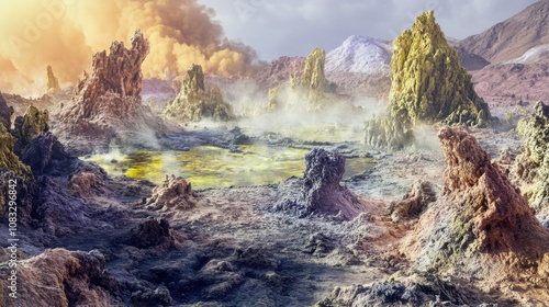 A surreal image of the Danakil Depression in Ethiopia, with bubbling lava lakes and colorful mineral formations under a swirling sulfuric haze, Danakil Depression volcanic scene photo