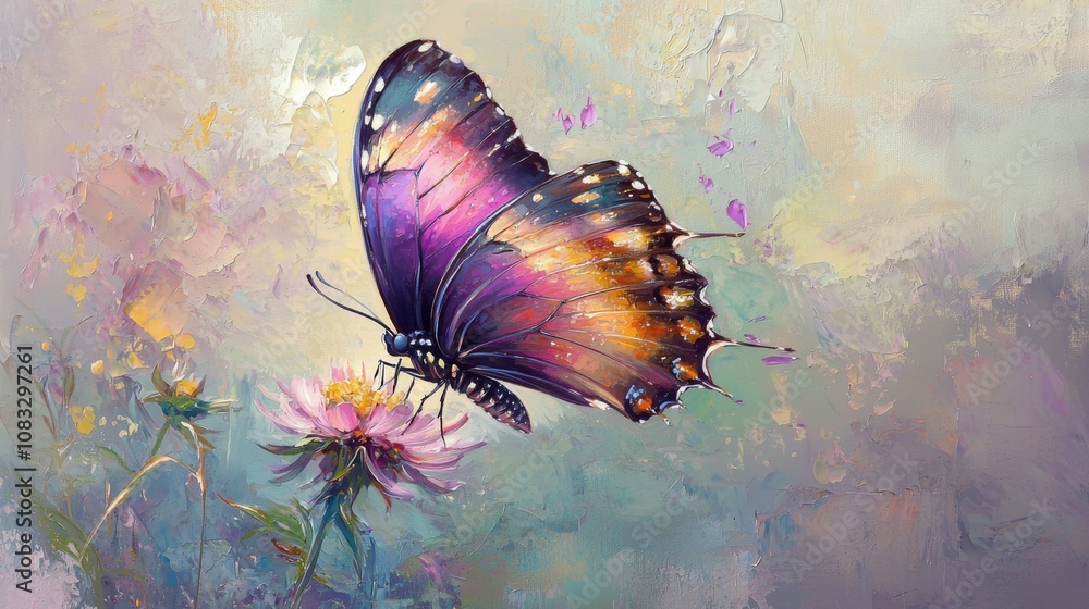 Obraz premium stunning art painting of a butterfly in mid-flight, its wings a brilliant array of colors including deep blues, bright yellows, and soft pinks, with each color blending