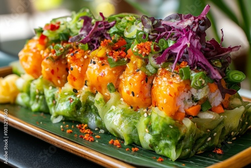 Vibrant sushi salad featuring spicy shrimp avocado red cabbage and lettuce garnished with crispy tempura flakes styled in a rectangular ceramic dish for a bold presentation photo