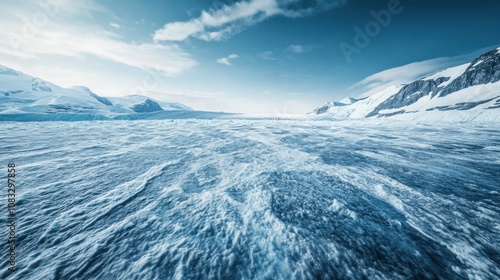 A surreal perspective of a massive ice sheet stretching endlessly across the frozen wilderness of Greenland, Greenland ice sheet scene, Surreal style photo