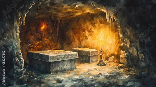 Ancient crypt with stone coffins and candlelit ambiance in watercolor style. Subterranean. Illustration