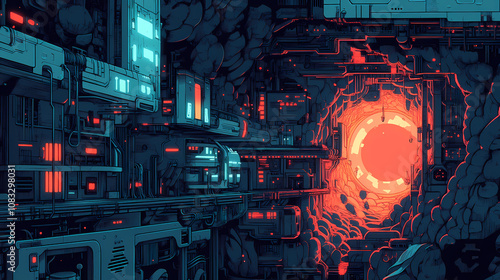 Beneath the glow: bioluminescent subterranean city with interconnected tunnels. Subterranean. Illustration