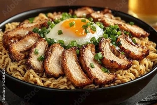 Hearty ramen bowl featuring tender pork belly slices soft boiled egg and scallions in a rich soy based broth styled in a black ceramic bowl for a comforting Japanese meal photo