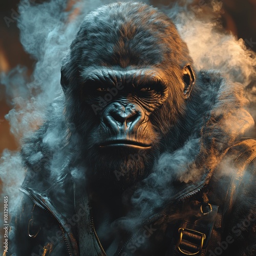 A close-up portrait of a powerful, enigmatic gorilla shrouded in swirling smoke, creating a sense of mystery and intrigue. photo