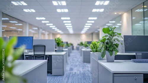 Modern office interior with plants and workstations during daylight hours