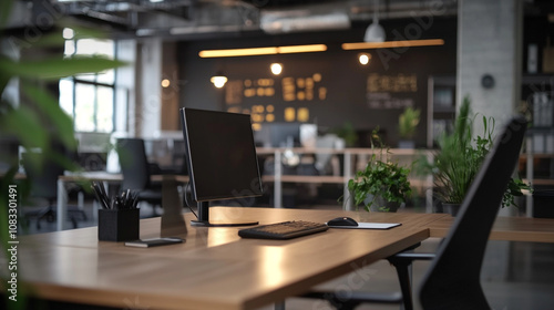 Modern office workspace with plants and computer set up in a bright environment