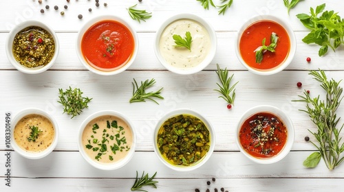 Wallpaper Mural Variety of Colorful Dips in White Bowls on Wooden Table Torontodigital.ca