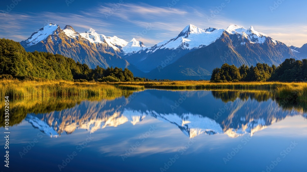 Fototapeta premium A surreal sight of the Mirror Lakes reflecting the snow-capped peaks of the Southern Alps in New Zealand at sunrise, Mirror Lakes scene, Reflective style